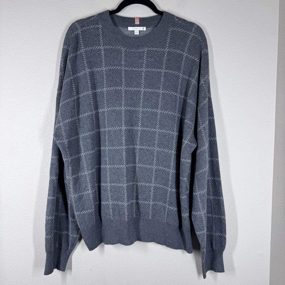 Lunya Cozy Cotton Silk Pullover Sweater Plaid Grid White Grey Size Large
